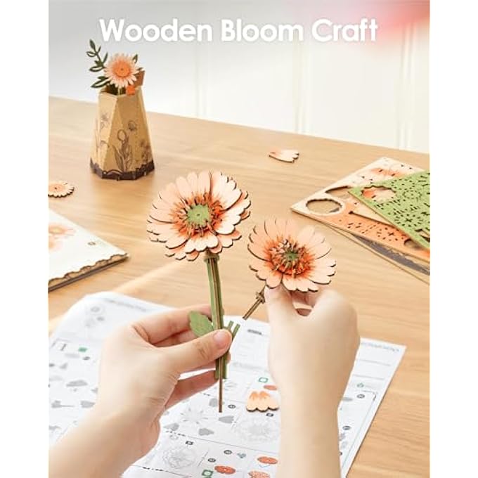 3D WOODEN FLOWER PUZZLE - ORANGE GERBERA DAISY MODEL KIT, DIY ARTIFICIAL BLOOM JIGSAW FOR ADULTS, HOME OFFICE DECOR & CREATIVE BUILDING PROJECT - Image 4